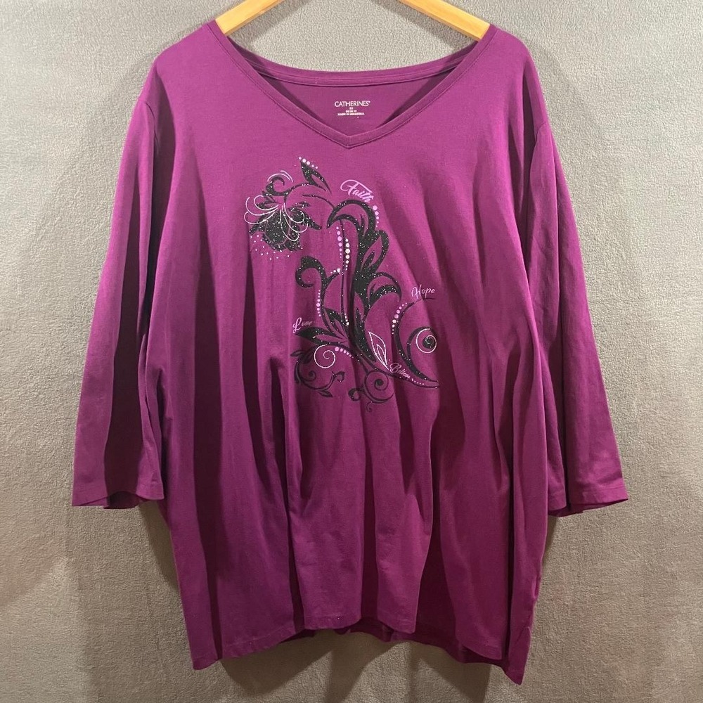 Catherines Womens 3X 26/28W Purple V-Neck 3/4 Sleeve Faith Hope Love Graphic Tee